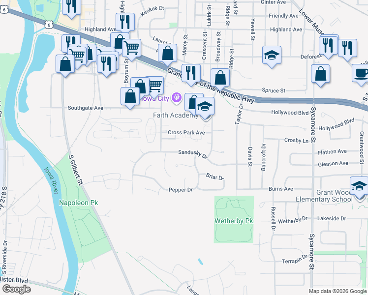 map of restaurants, bars, coffee shops, grocery stores, and more near 934 Sandusky Drive in Iowa City