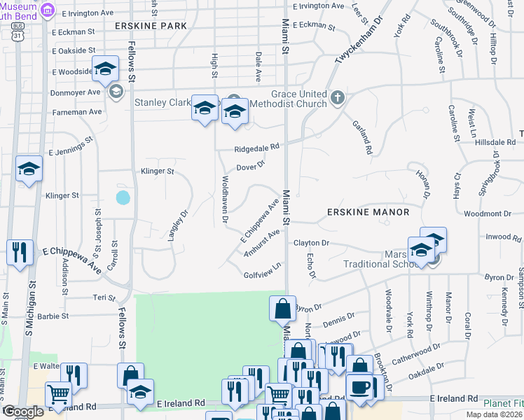 map of restaurants, bars, coffee shops, grocery stores, and more near 1021 East Chippewa Avenue in South Bend