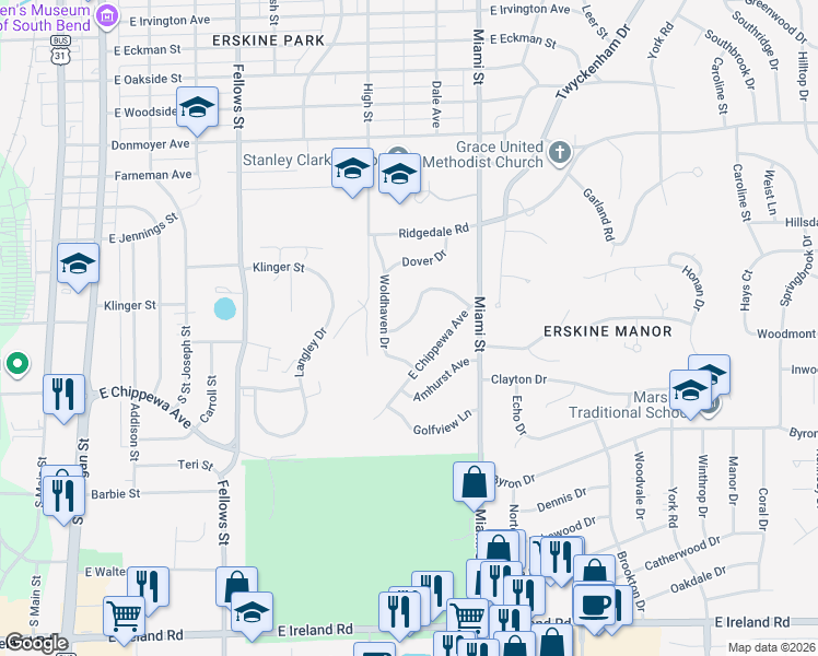map of restaurants, bars, coffee shops, grocery stores, and more near 825 Lancaster Drive in South Bend