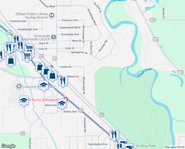 map of restaurants, bars, coffee shops, grocery stores, and more near 58955 Spring Creek Trail in Elkhart