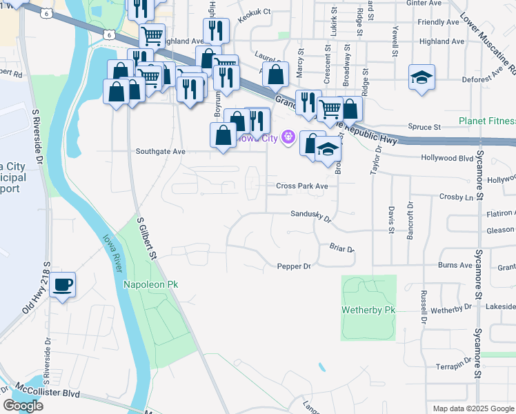 map of restaurants, bars, coffee shops, grocery stores, and more near 782 Sandusky Dr in Iowa City