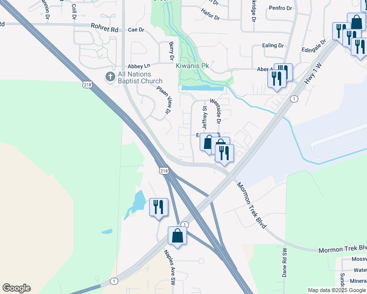 map of restaurants, bars, coffee shops, grocery stores, and more near 1054 Westside Drive in Iowa City