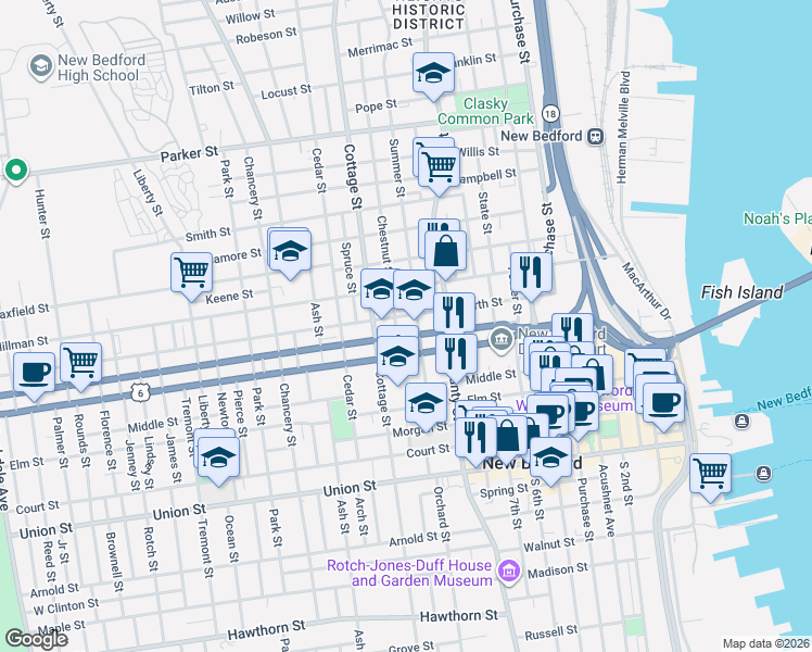 map of restaurants, bars, coffee shops, grocery stores, and more near 91 Summer Street in New Bedford