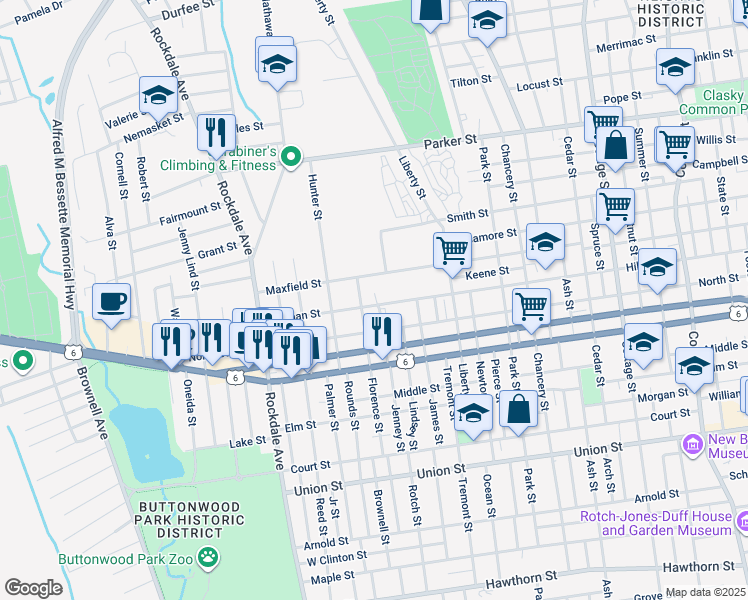 map of restaurants, bars, coffee shops, grocery stores, and more near 516 Maxfield Street in New Bedford