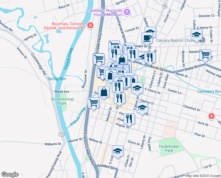 map of restaurants, bars, coffee shops, grocery stores, and more near 1009 Water Street in Meadville
