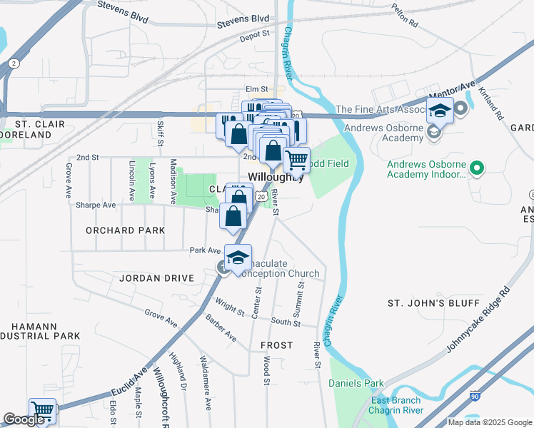 map of restaurants, bars, coffee shops, grocery stores, and more near 4221 River Street in Willoughby