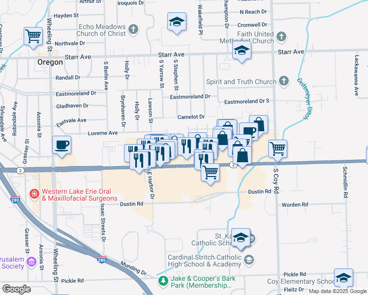 map of restaurants, bars, coffee shops, grocery stores, and more near 3101 Navarre Avenue in Oregon