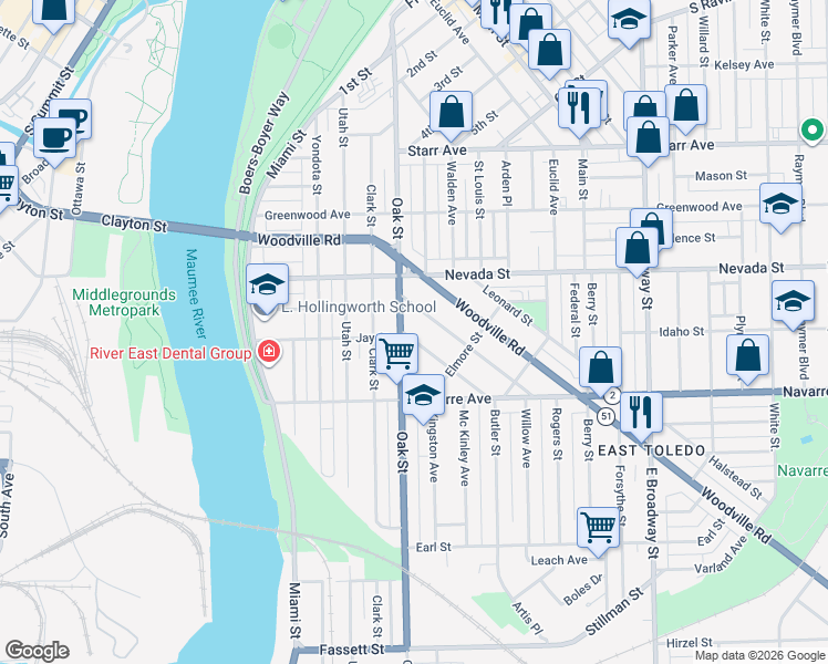 map of restaurants, bars, coffee shops, grocery stores, and more near 532 Church Street in Toledo