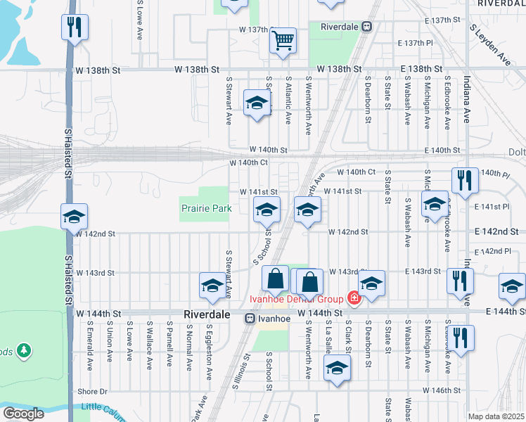 map of restaurants, bars, coffee shops, grocery stores, and more near 14113 South Tracy Avenue in Riverdale