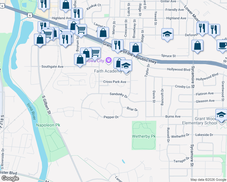 map of restaurants, bars, coffee shops, grocery stores, and more near 934 Sandusky Drive in Iowa City