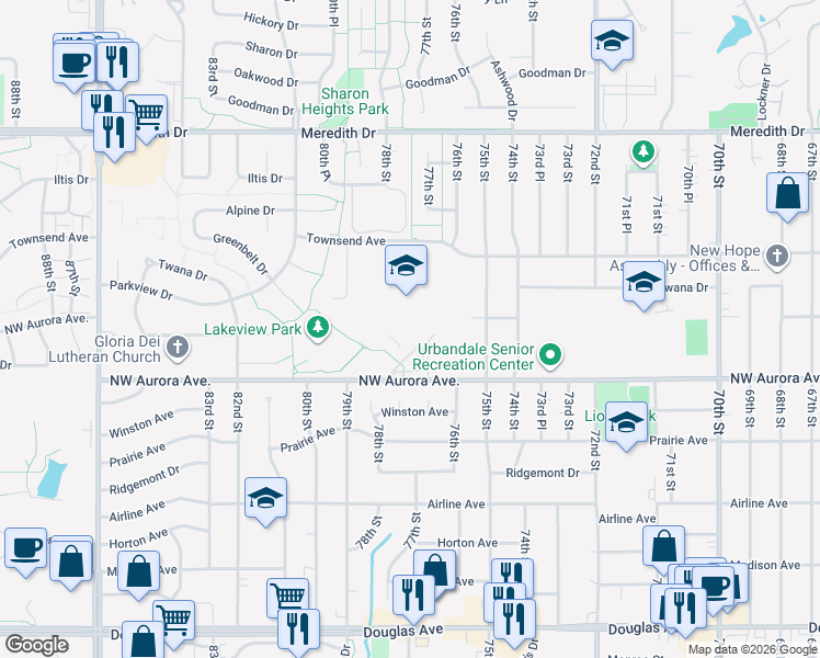 map of restaurants, bars, coffee shops, grocery stores, and more near 7701 Northwest Aurora Avenue in Urbandale