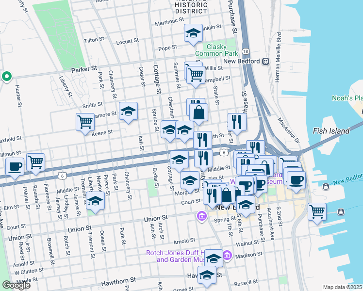 map of restaurants, bars, coffee shops, grocery stores, and more near 123 North Street in New Bedford