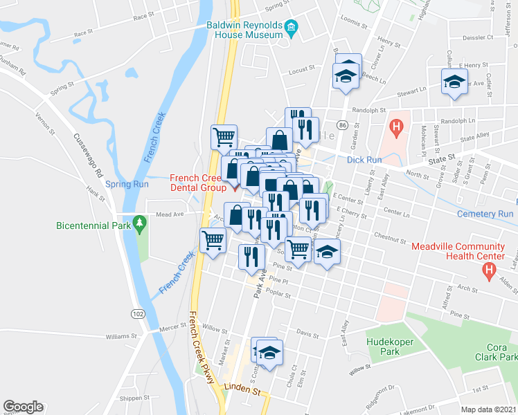 map of restaurants, bars, coffee shops, grocery stores, and more near 218 Chestnut Street in Meadville