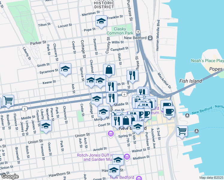 map of restaurants, bars, coffee shops, grocery stores, and more near 542 County Street in New Bedford