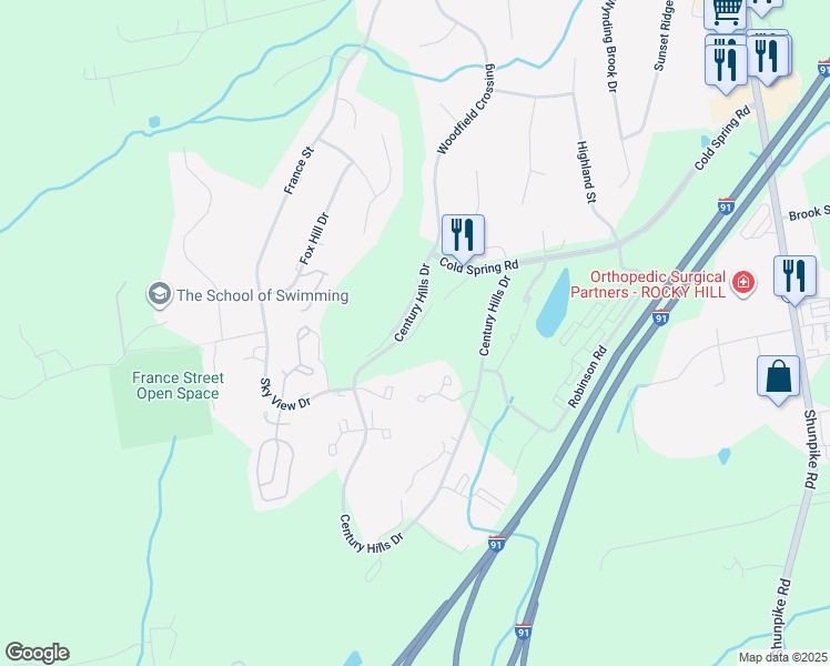 map of restaurants, bars, coffee shops, grocery stores, and more near 301 Country Club Court in Rocky Hill