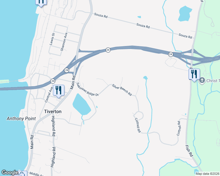 map of restaurants, bars, coffee shops, grocery stores, and more near 29 Silver Beech Road in Tiverton