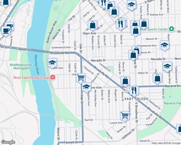 map of restaurants, bars, coffee shops, grocery stores, and more near 568 Woodville Road in Toledo