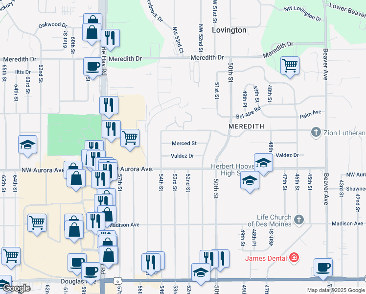map of restaurants, bars, coffee shops, grocery stores, and more near 5131 Merced Street in Des Moines