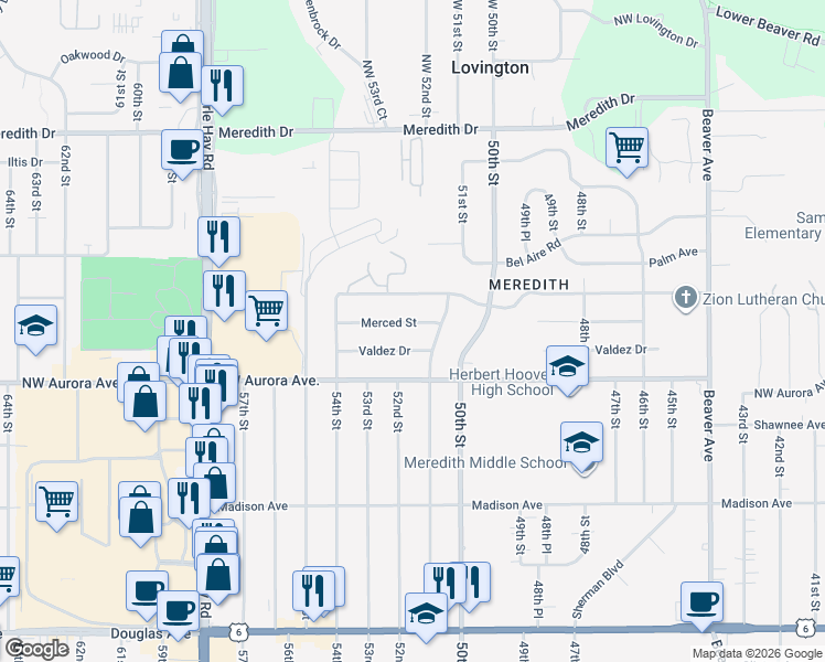 map of restaurants, bars, coffee shops, grocery stores, and more near 5120 Merced Street in Des Moines