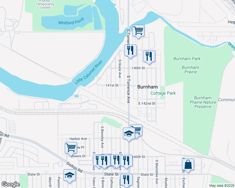 map of restaurants, bars, coffee shops, grocery stores, and more near 14128 South Hoxie Avenue in Chicago