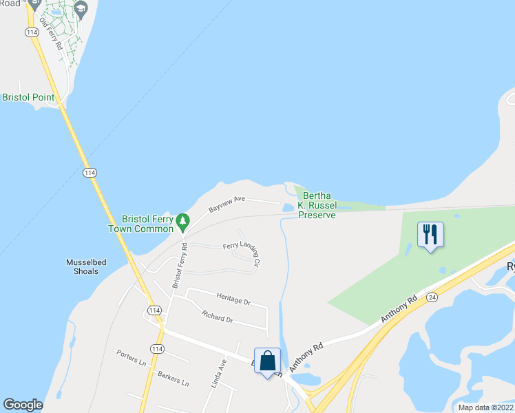 map of restaurants, bars, coffee shops, grocery stores, and more near 168 Bayview Avenue in Portsmouth