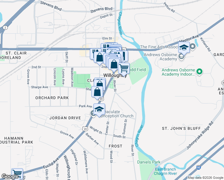map of restaurants, bars, coffee shops, grocery stores, and more near 4221 River Street in Willoughby