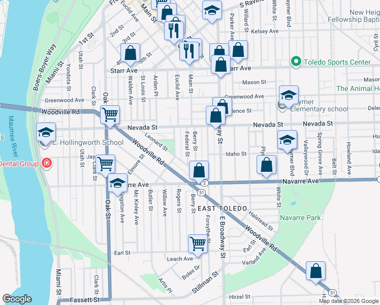 map of restaurants, bars, coffee shops, grocery stores, and more near 643 Federal Street in Toledo