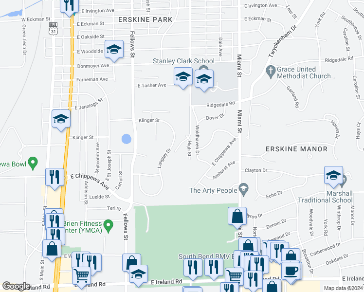 map of restaurants, bars, coffee shops, grocery stores, and more near 3608 High Street in South Bend