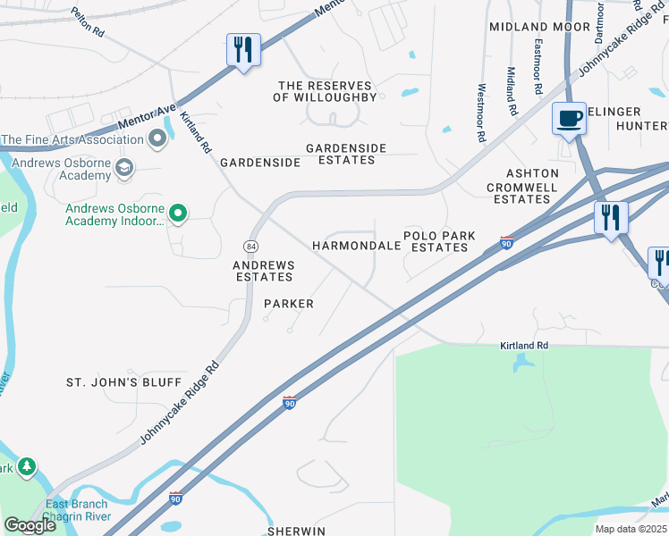 map of restaurants, bars, coffee shops, grocery stores, and more near 2119 Parklawn Drive in Willoughby