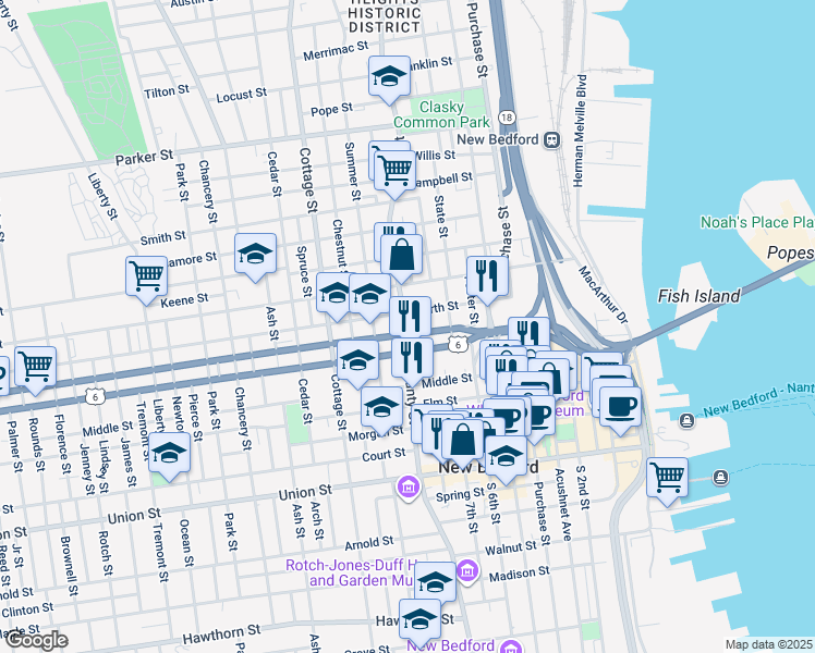 map of restaurants, bars, coffee shops, grocery stores, and more near 544 County Street in New Bedford