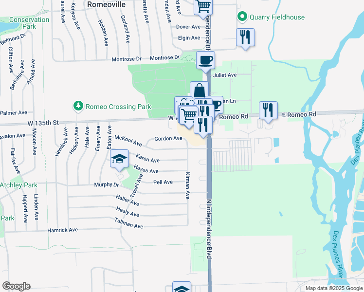 map of restaurants, bars, coffee shops, grocery stores, and more near 202 McKool Avenue in Romeoville