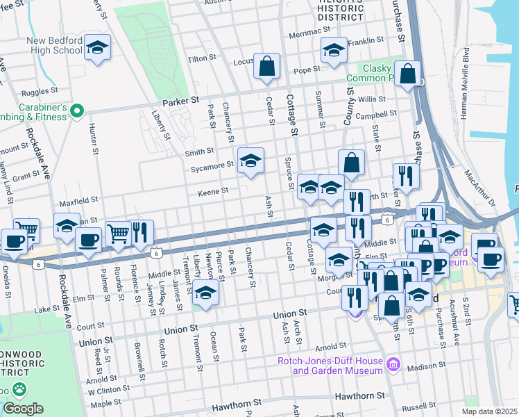 map of restaurants, bars, coffee shops, grocery stores, and more near in New Bedford