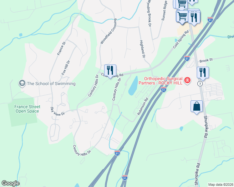map of restaurants, bars, coffee shops, grocery stores, and more near 5 Stevens Place in Rocky Hill