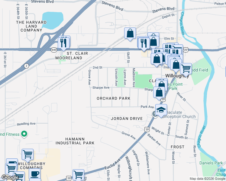 map of restaurants, bars, coffee shops, grocery stores, and more near 4247 Buckeye Avenue in Kirtland