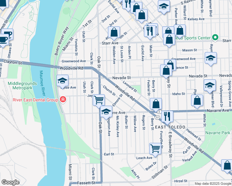 map of restaurants, bars, coffee shops, grocery stores, and more near 568 Woodville Road in Toledo