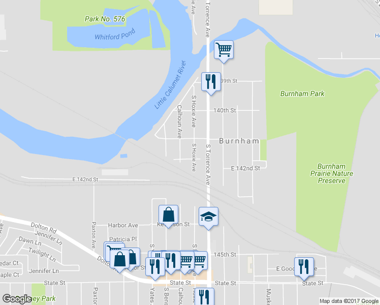 map of restaurants, bars, coffee shops, grocery stores, and more near 14116 South Hoxie Avenue in Burnham