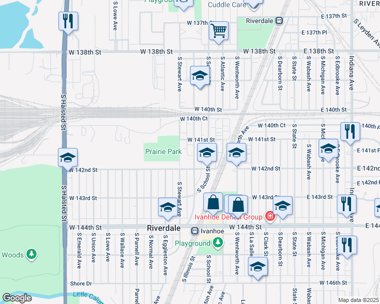 map of restaurants, bars, coffee shops, grocery stores, and more near 14113 South Stewart Avenue in Riverdale