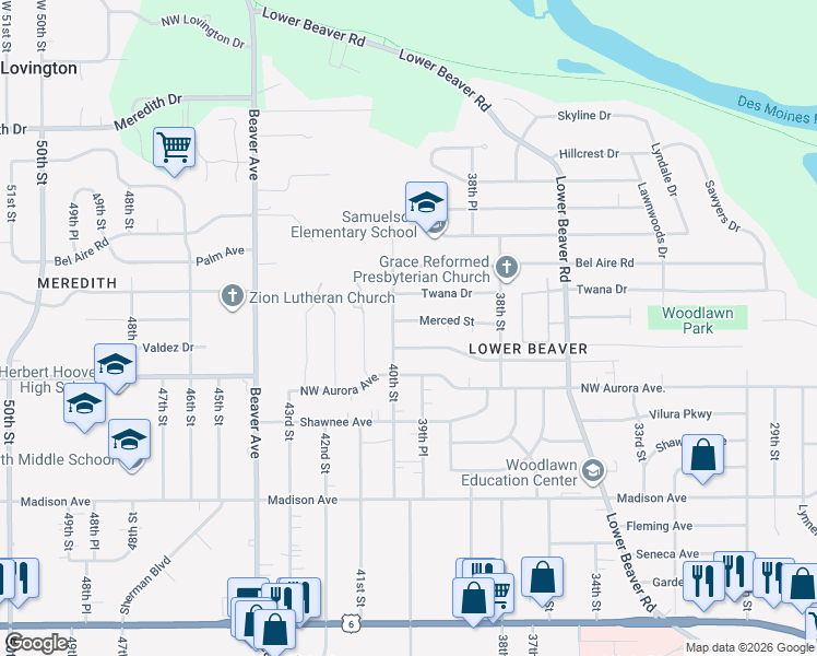 map of restaurants, bars, coffee shops, grocery stores, and more near 3935 Merced Street in Des Moines