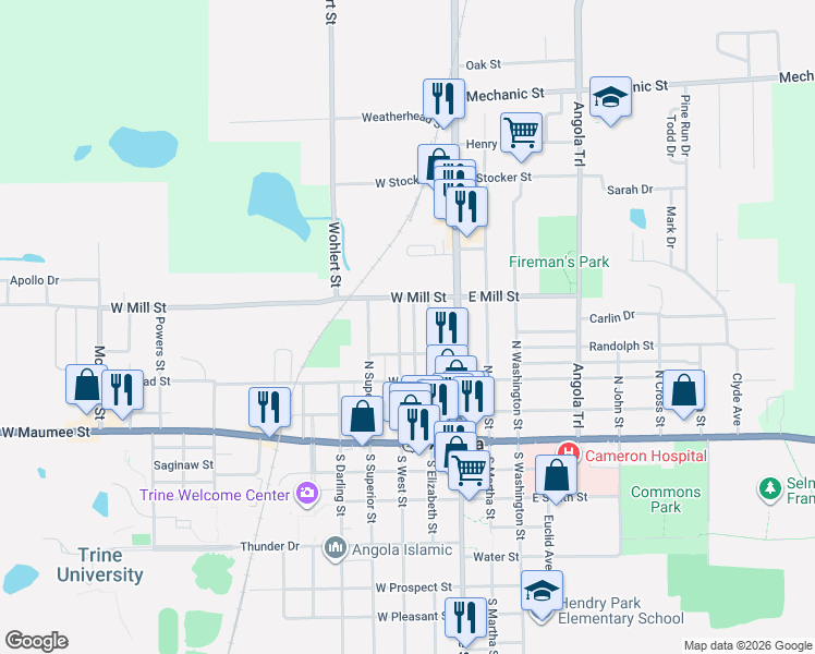 map of restaurants, bars, coffee shops, grocery stores, and more near 421 North West Street in Angola