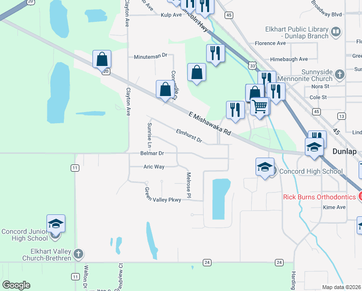 map of restaurants, bars, coffee shops, grocery stores, and more near 24539 Melrose Place in Elkhart