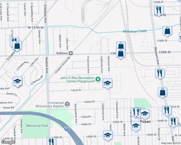 map of restaurants, bars, coffee shops, grocery stores, and more near 14001 Francisco Avenue in Blue Island