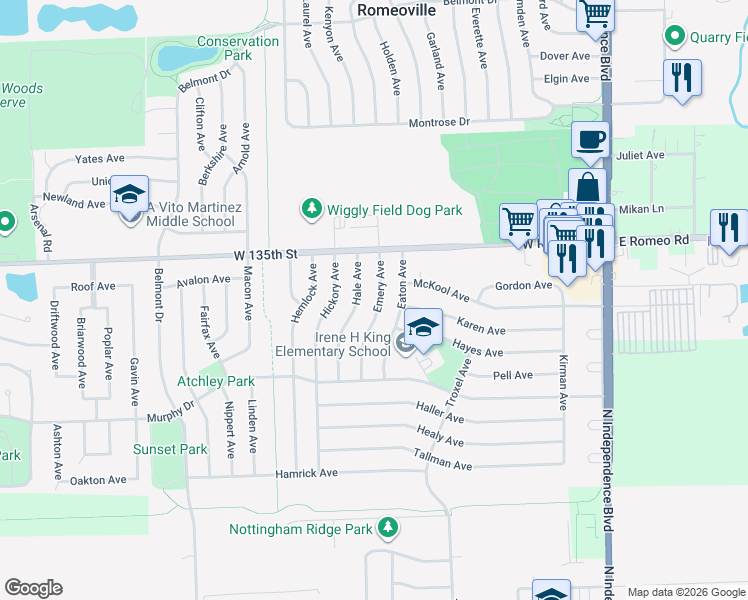 map of restaurants, bars, coffee shops, grocery stores, and more near 334 Emery Avenue in Romeoville