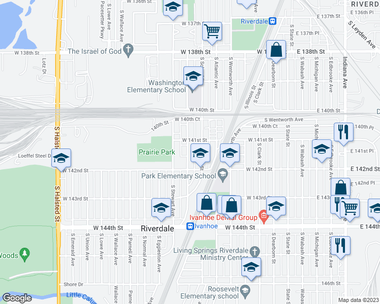 map of restaurants, bars, coffee shops, grocery stores, and more near 14121 South Tracy Avenue in Riverdale