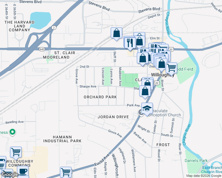 map of restaurants, bars, coffee shops, grocery stores, and more near 37606 Sharpe Avenue in Willoughby