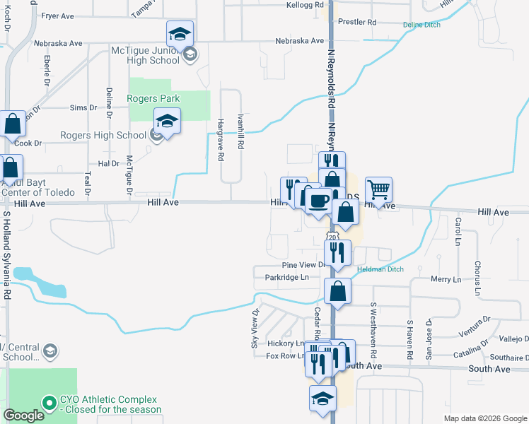 map of restaurants, bars, coffee shops, grocery stores, and more near 12 Hidden Valley Drive in Toledo