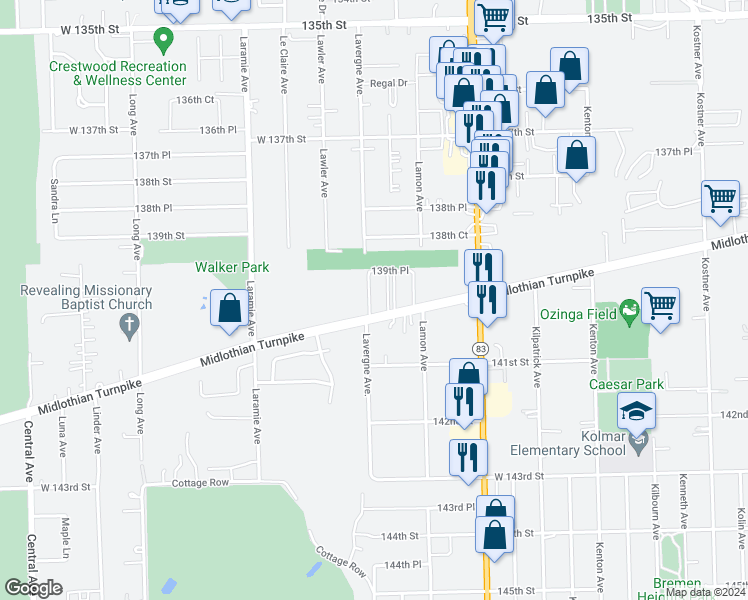 map of restaurants, bars, coffee shops, grocery stores, and more near 14001 Leonard Drive in Crestwood