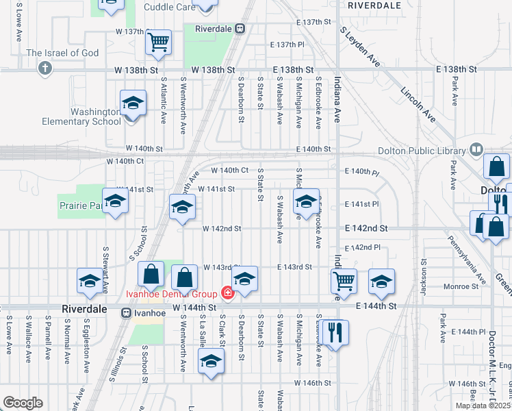 map of restaurants, bars, coffee shops, grocery stores, and more near 14108 South State Street in Riverdale