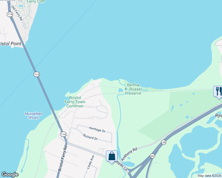 map of restaurants, bars, coffee shops, grocery stores, and more near 167 Bayview Avenue in Portsmouth