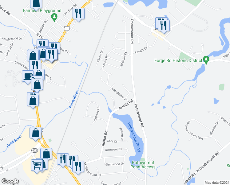 map of restaurants, bars, coffee shops, grocery stores, and more near 62 Longfellow Drive in East Greenwich