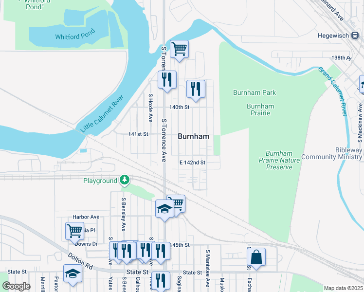 map of restaurants, bars, coffee shops, grocery stores, and more near 14131 South Saginaw Avenue in Burnham